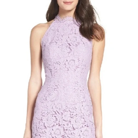 BB Dakota Cara High Neck Lace Cocktail Dress In Lavender - Picture 7 of 9